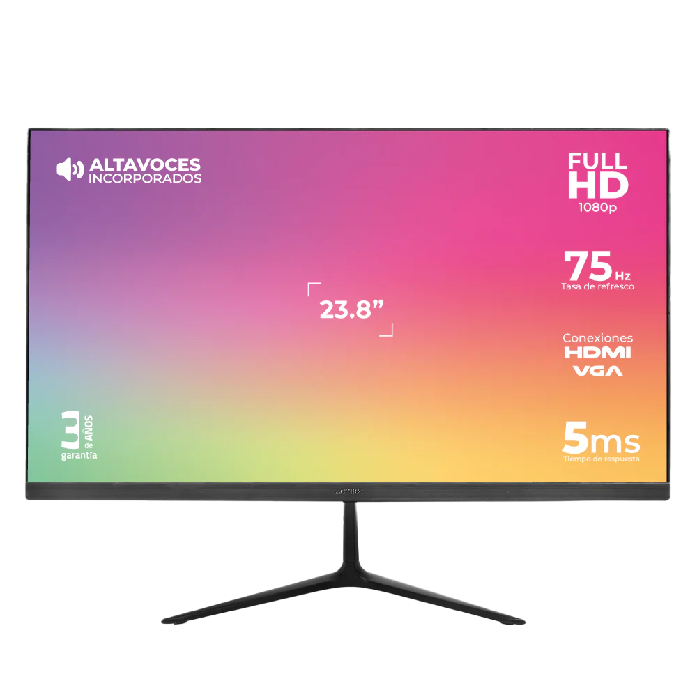 Monitor Plano Acteck 23.8" IPS Captive Vivid SP240 / FHD / 75Hz / 5ms / 2xAltavoces 3W / Low-blue light / Flicker-free / 1xVGA + 1xHDMI 1.4 / VESA 75mm / Advanced Negro/ 3Y