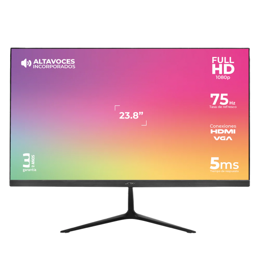 Monitor Plano Acteck 23.8" IPS Captive Vivid SP240 / FHD / 75Hz / 5ms / 2xAltavoces 3W / Low-blue light / Flicker-free / 1xVGA + 1xHDMI 1.4 / VESA 75mm / Advanced Negro/ 3Y