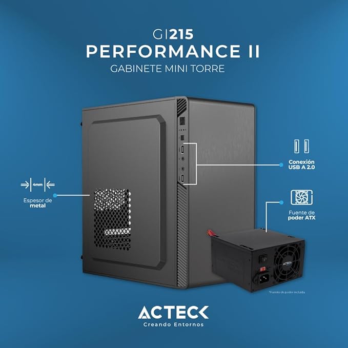 Gabinete Acteck Mini Torre Performance II GI215 / Max MB M-ATX Fuente ATX 500 W / 2x USB 2.0 / Full Metálico + Frente Solido / Essential Negro