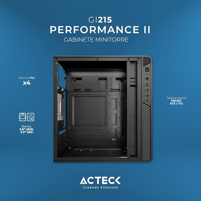 Gabinete Acteck Mini Torre Performance II GI215 / Max MB M-ATX Fuente ATX 500 W / 2x USB 2.0 / Full Metálico + Frente Solido / Essential Negro