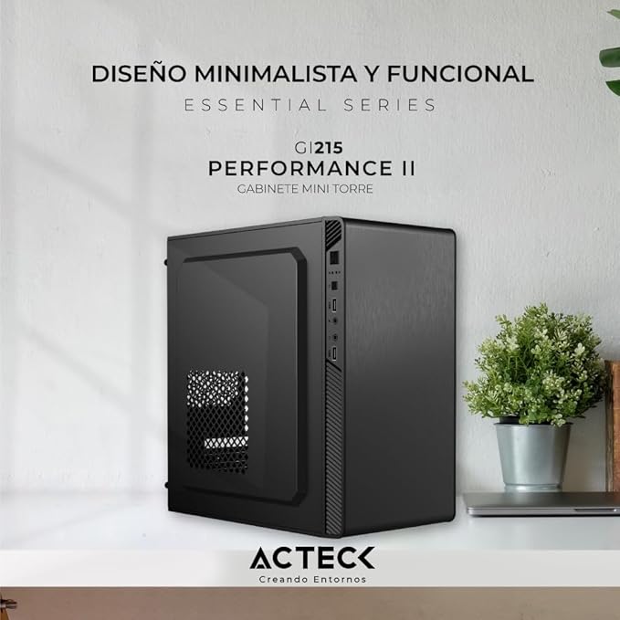 Gabinete Acteck Mini Torre Performance II GI215 / Max MB M-ATX Fuente ATX 500 W / 2x USB 2.0 / Full Metálico + Frente Solido / Essential Negro