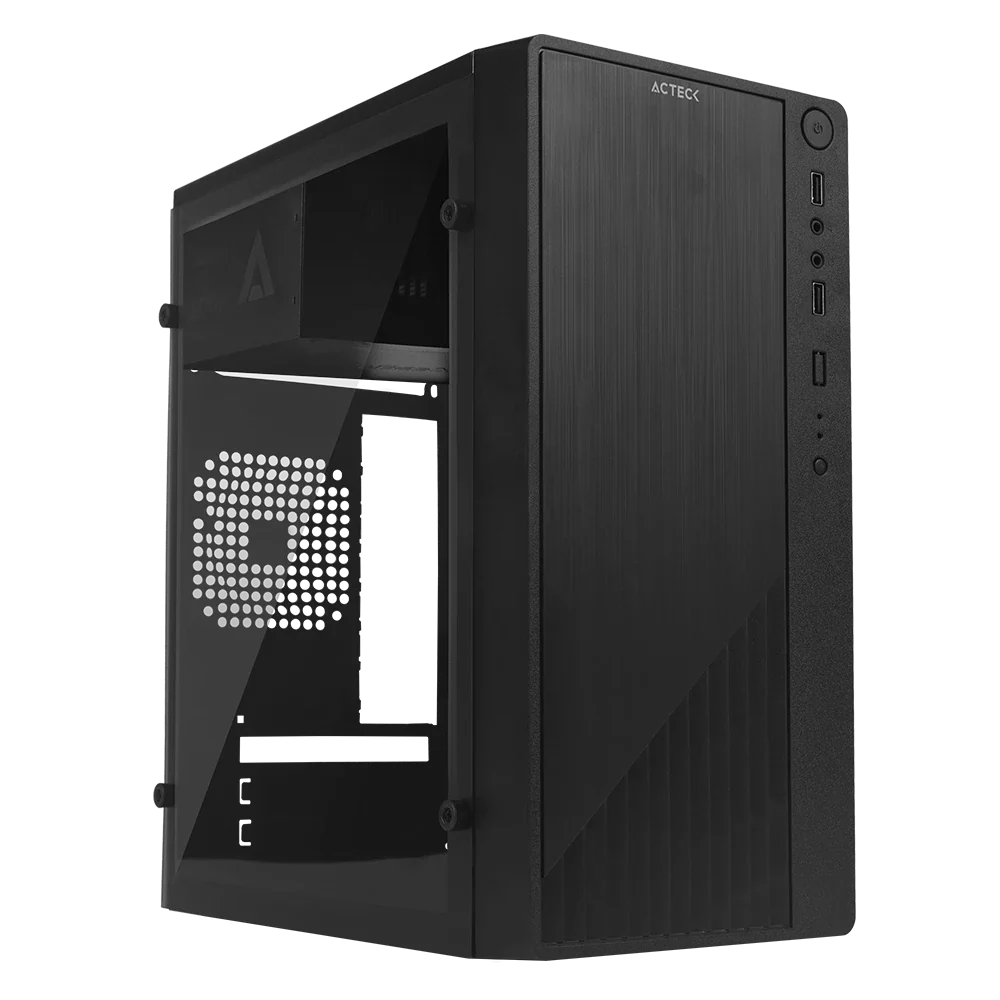 Gabinete Acteck Compacto Mini Torre Kioto GC220F / Max MB M-ATX Fuente ATX 500 W / 2x USB 2.0 / Panel Izq Acrílico + Frente Solido / Advanced Negro