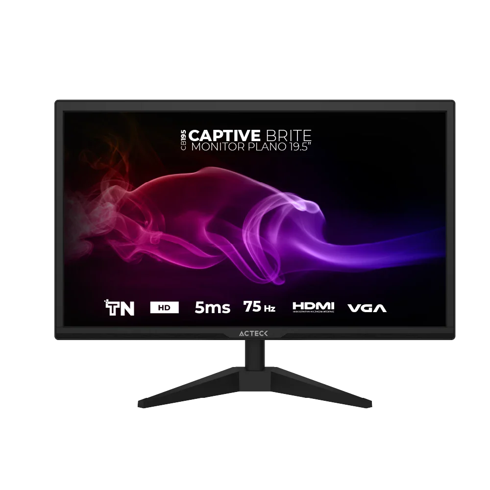 Monitor Plano Acteck 19.5" TN Captive Brite CB195 / HD / 75Hz-60Hz / 5ms / Low-blue light / 1xVGA + 1xHDMI 1.4 / VESA 75mm / Essential Negro/ 3Y