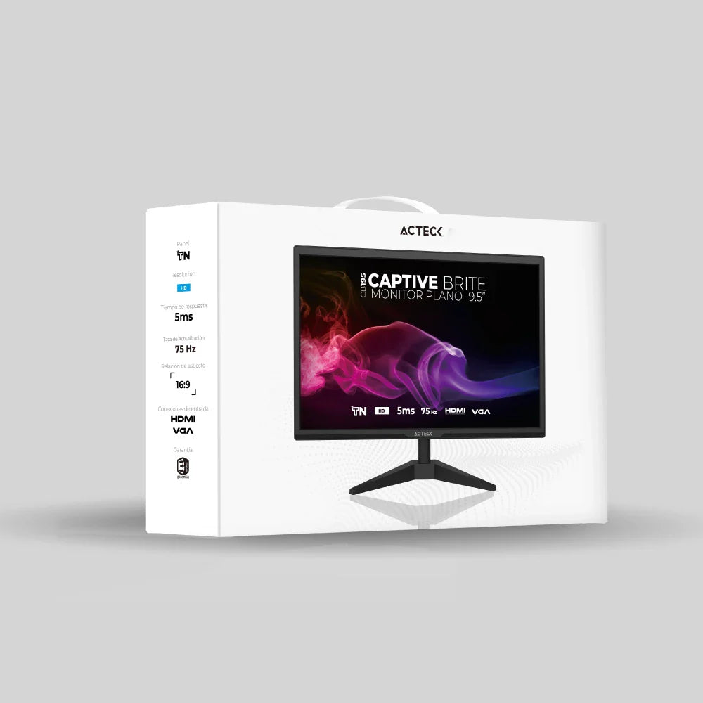 Monitor Plano Acteck 19.5" TN Captive Brite CB195 / HD / 75Hz-60Hz / 5ms / Low-blue light / 1xVGA + 1xHDMI 1.4 / VESA 75mm / Essential Negro/ 3Y