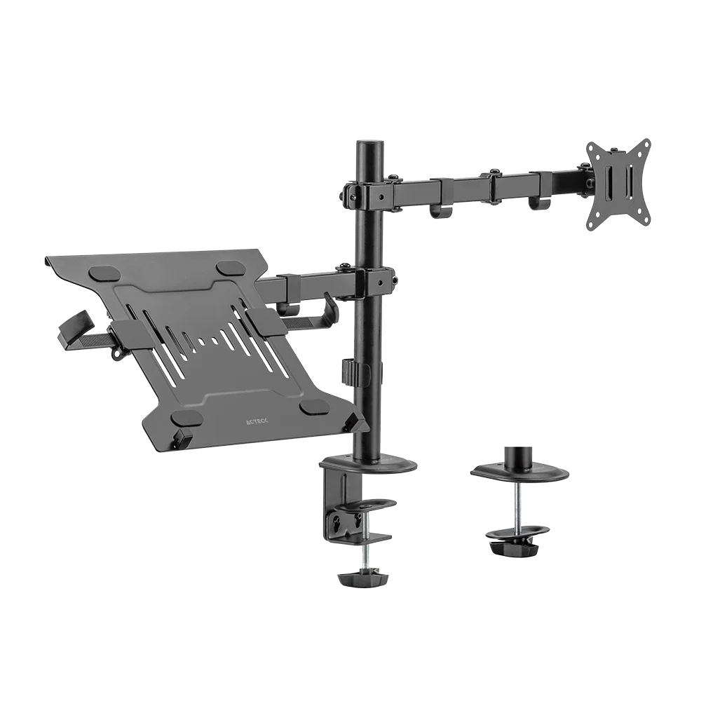 Soporte Articulado Acteck con C-Clamp Enforce Zone SM480 / 1 Monitor + 1 Laptop / 17" - 32 " / Soporta 9 kg Monitor - 4 kg Laptop / Soporte Vesa de 75x75mm / 100x100mm / Advanced Negro