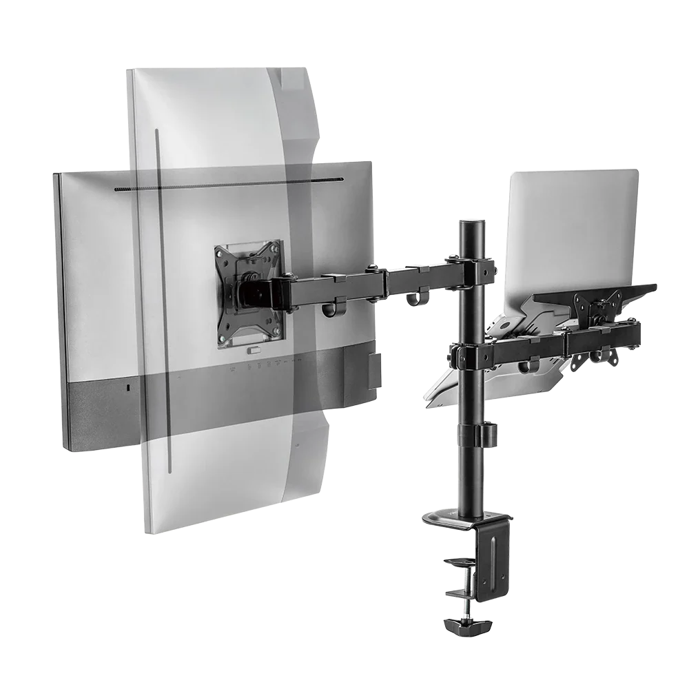 Soporte Articulado Acteck con C-Clamp Enforce Zone SM480 / 1 Monitor + 1 Laptop / 17" - 32 " / Soporta 9 kg Monitor - 4 kg Laptop / Soporte Vesa de 75x75mm / 100x100mm / Advanced Negro