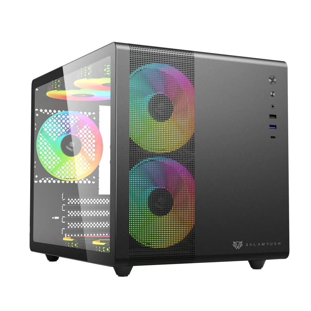 Gabinete  Gamer Balam Rush Mini Torre Tank Mini GI930 / Max MB M-ATX / GPU 340 mm / 1xUSB 3.0 + 1x USB Tipo C + Audio + 3xFan RGB / Panel Izq Cristal + Frente con Malla / Legend Negro