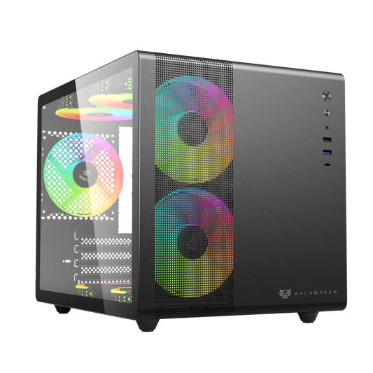 Gabinete  Gamer Balam Rush Mini Torre Tank Mini GI930 / Max MB M-ATX / GPU 340 mm / 1xUSB 3.0 + 1x USB Tipo C + Audio + 3xFan RGB / Panel Izq Cristal + Frente con Malla / Legend Negro