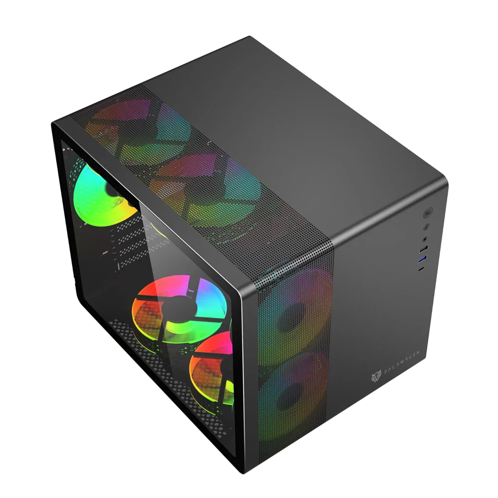 Gabinete  Gamer Balam Rush Mini Torre Tank Mini GI930 / Max MB M-ATX / GPU 340 mm / 1xUSB 3.0 + 1x USB Tipo C + Audio + 3xFan RGB / Panel Izq Cristal + Frente con Malla / Legend Negro