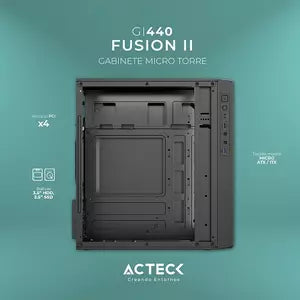 Gabinete Acteck Mini Torre Fusion Ii Gi440 / Max Mb M-ATX Fuente Atx 500 W / 1x USB 3.0 + 1x USB 2.0 / Panel Izq Acrílico + Frente Solido con RGB / Advanced Negro