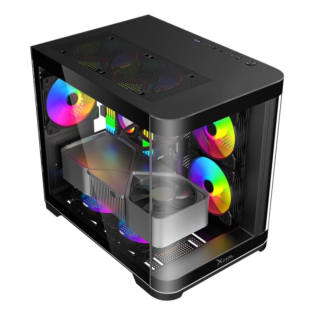 Gabinete Curvo Xzeal M-ATX/ITX 2x USB 2.0 + 1x USB 3.0 + 3.5 mm + 3 Ventiladores RGB Negro -