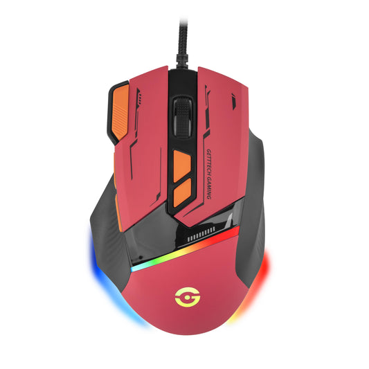 GETTTECH MOUSE GAMER - SENSOR 725F, ILUMINACION RGB PERSONALIZABLE, HASTA 7200 DPI, COLOR ROJO NARANJA, MOD. GPM-RGBWR-G1-RD