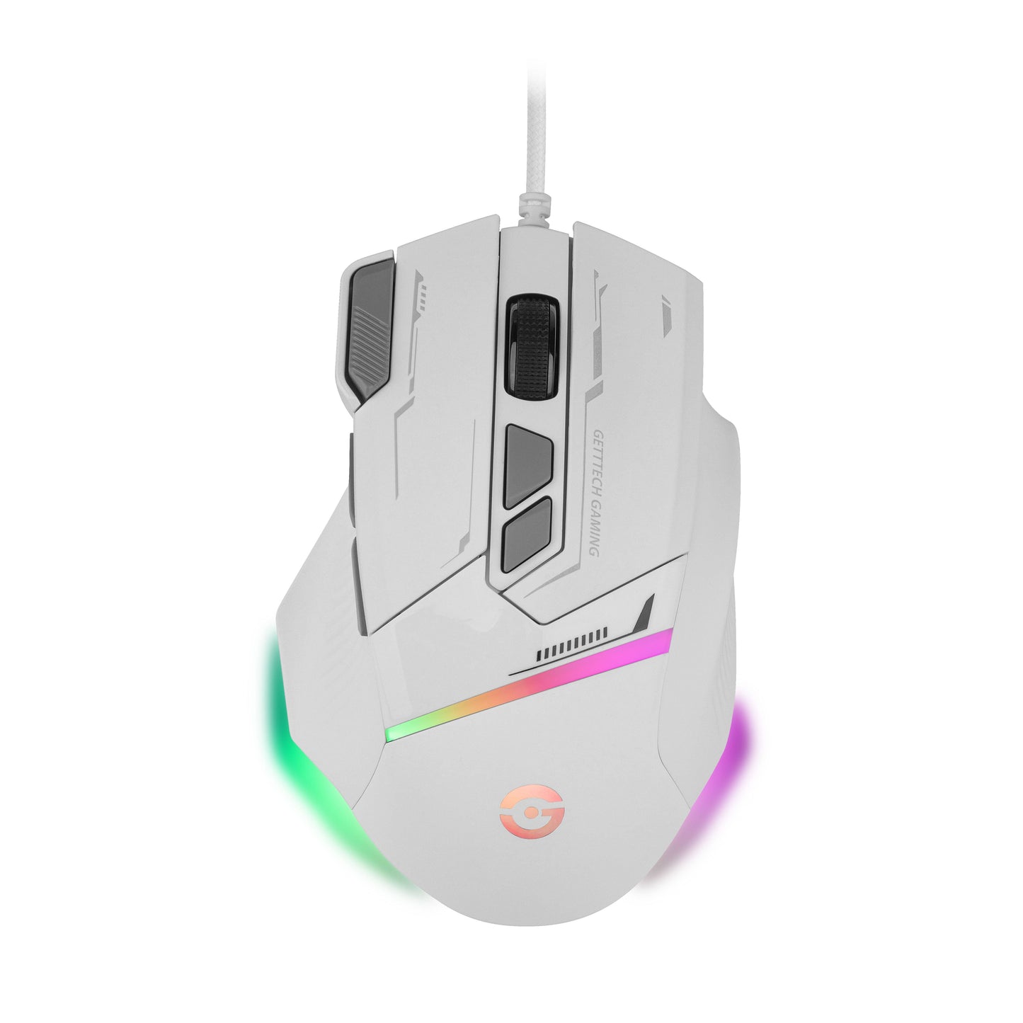 GETTTECH MOUSE GAMER - SENSOR 725F, ILUMINACION RGB PERSONALIZABLE, HASTA 7200 DPI, COLOR BLANCO YGRIS, MOD. GPM-RGBWR-G1-WH